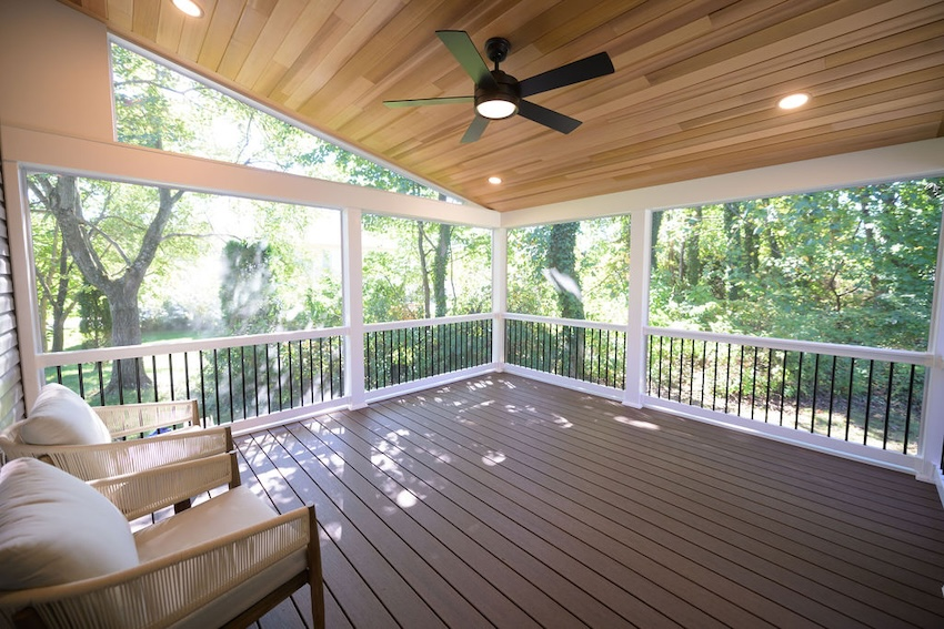  Wide view of a custom composite deck installation in Columbia, Maryland with low-maintenance decking materials.
