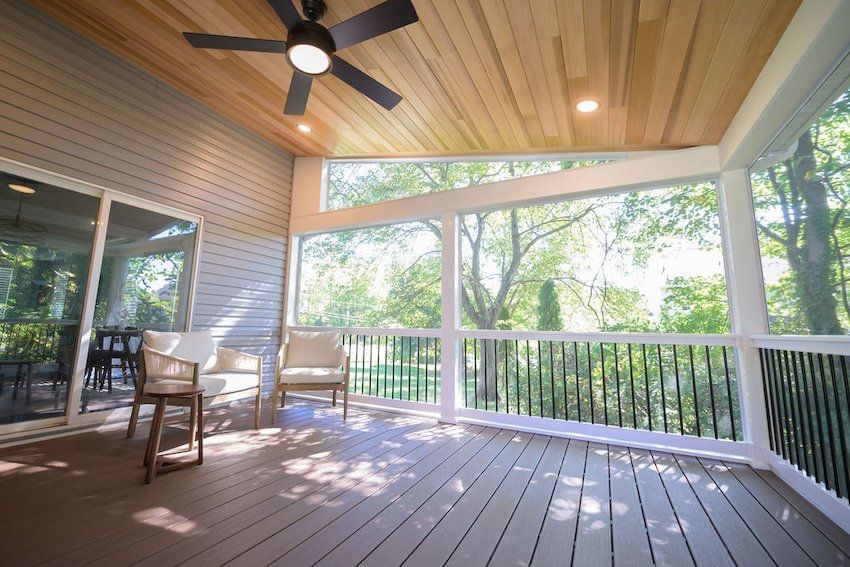 Luxury outdoor living space with Trex decking and SCREENEZE porch system