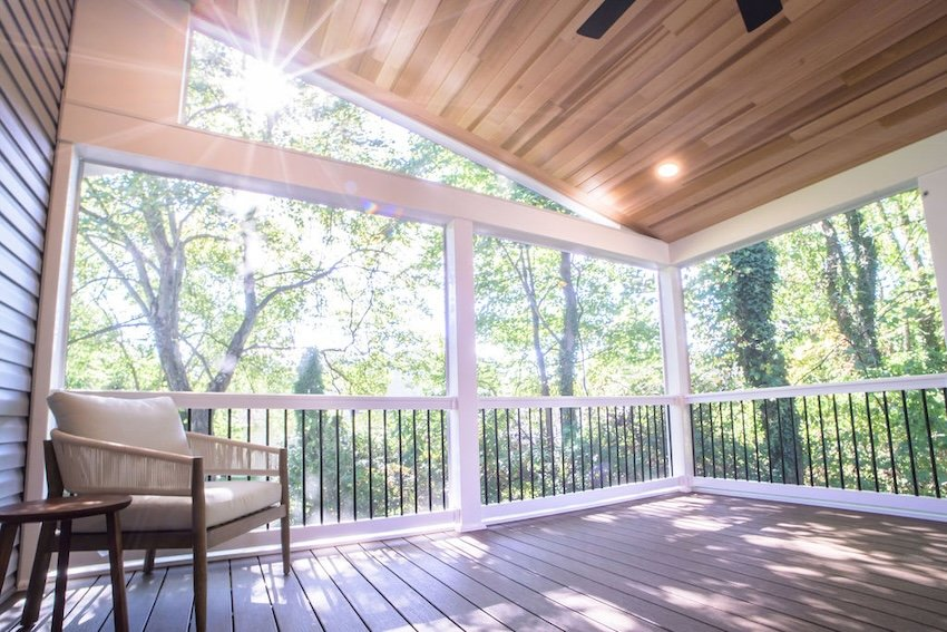Luxury screened porch in Perry Hall MD featuring clear cedar ceiling and SCREENEZE system